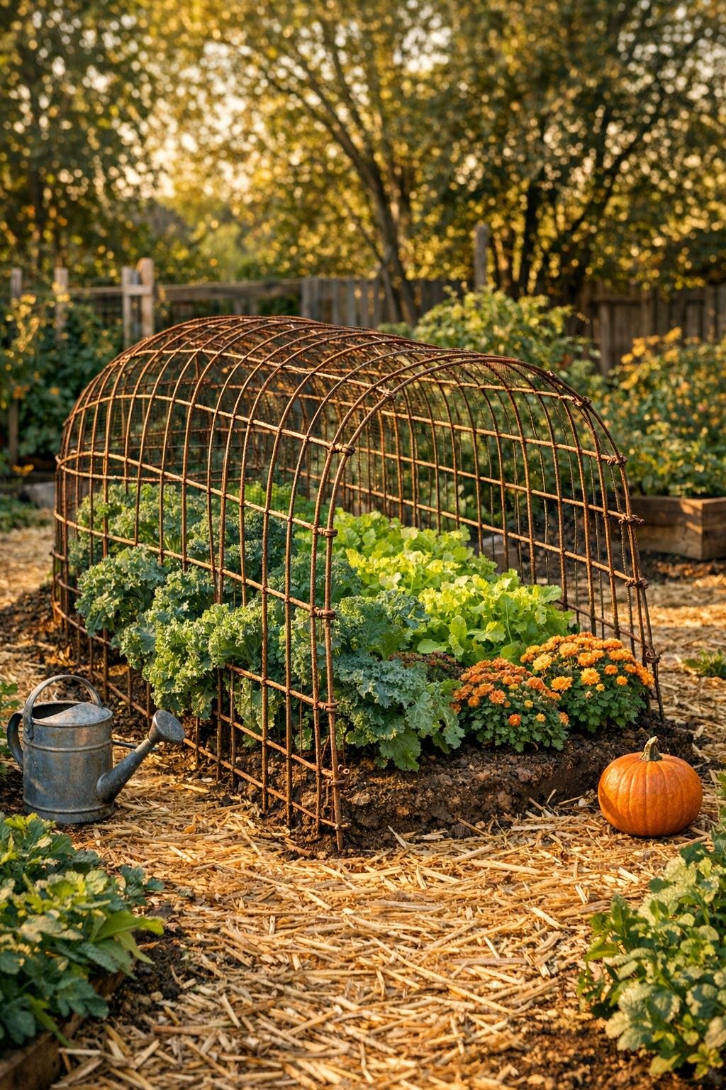 Finished critter fence tunnel made from stacked tomato cages over a fall garden bed