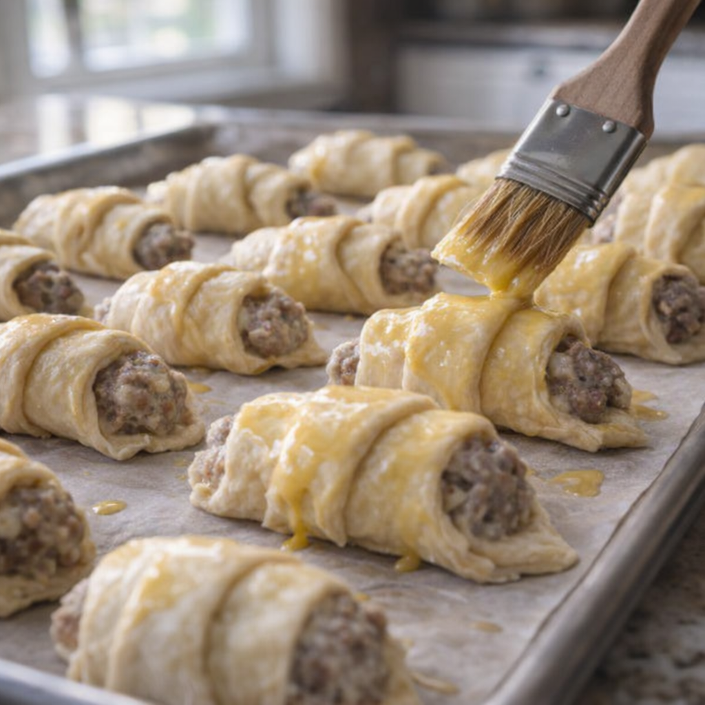 Unbaked crescents brushed with egg wash on a parchment-lined pan