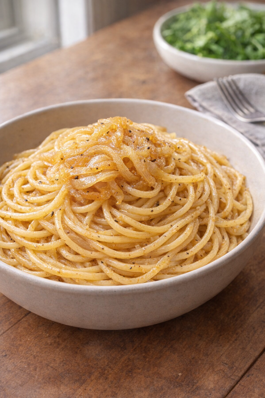 Bowl of onion spaghetti on a kitchen table