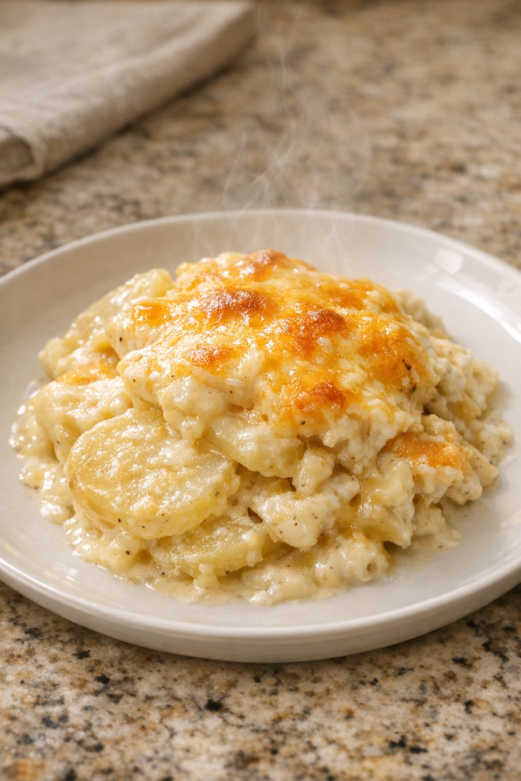 Finished creamy cheese potato bake plated from the slow cooker