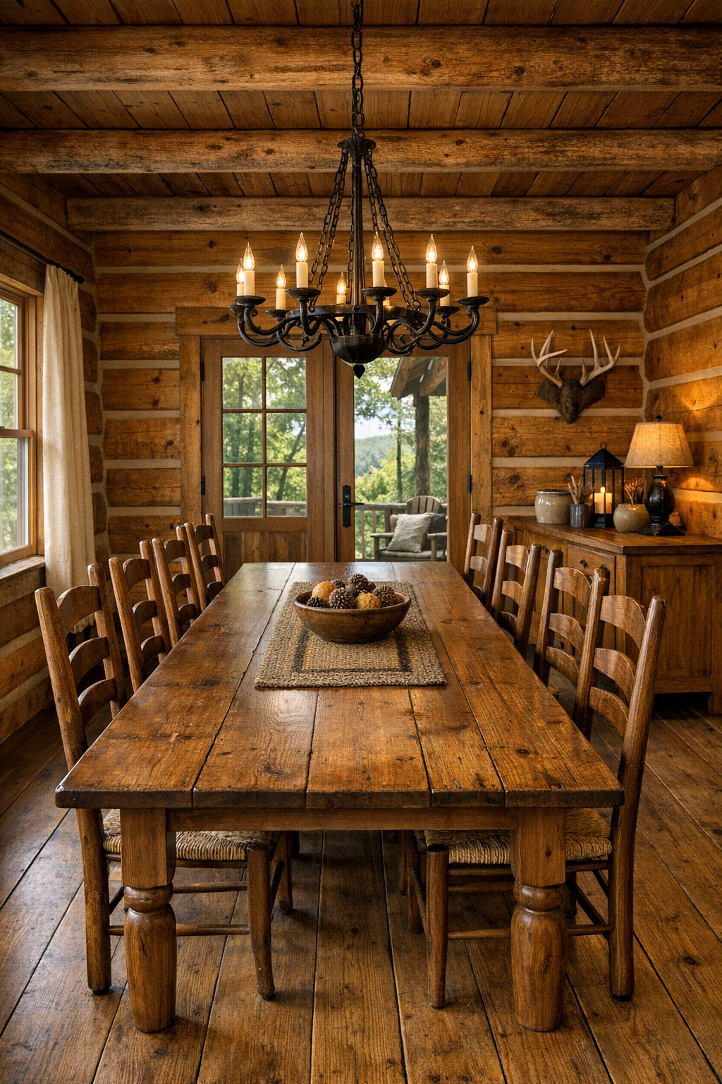 Rustic dining room with Amish-crafted wood table, ladder-back chairs, and warm log walls