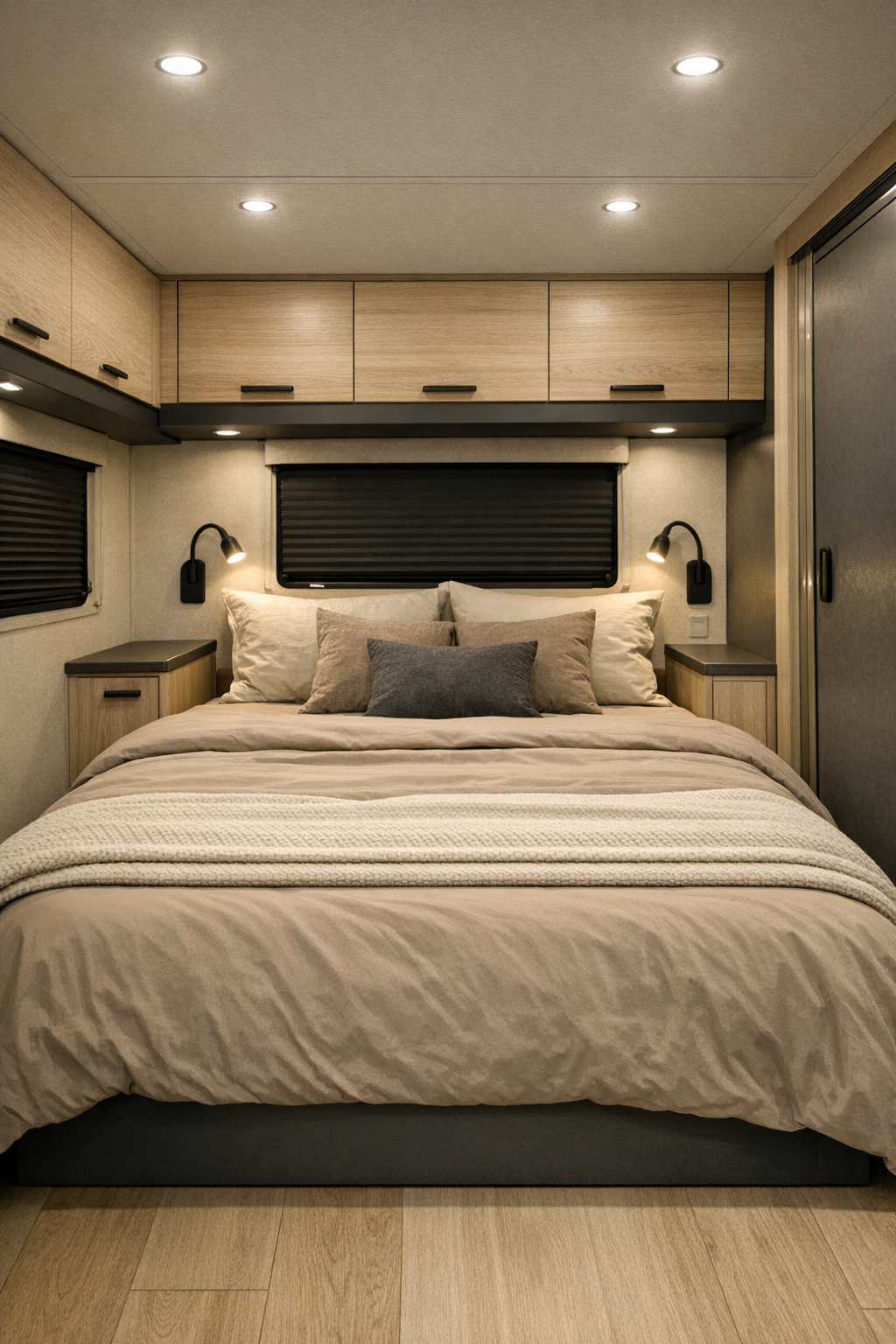 Calm RV bedroom with low platform bed, neutral textiles, and charcoal details