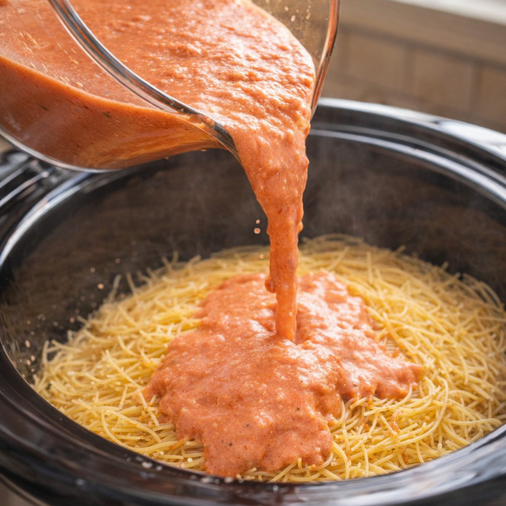 Tomato cream sauce being poured over angel hair