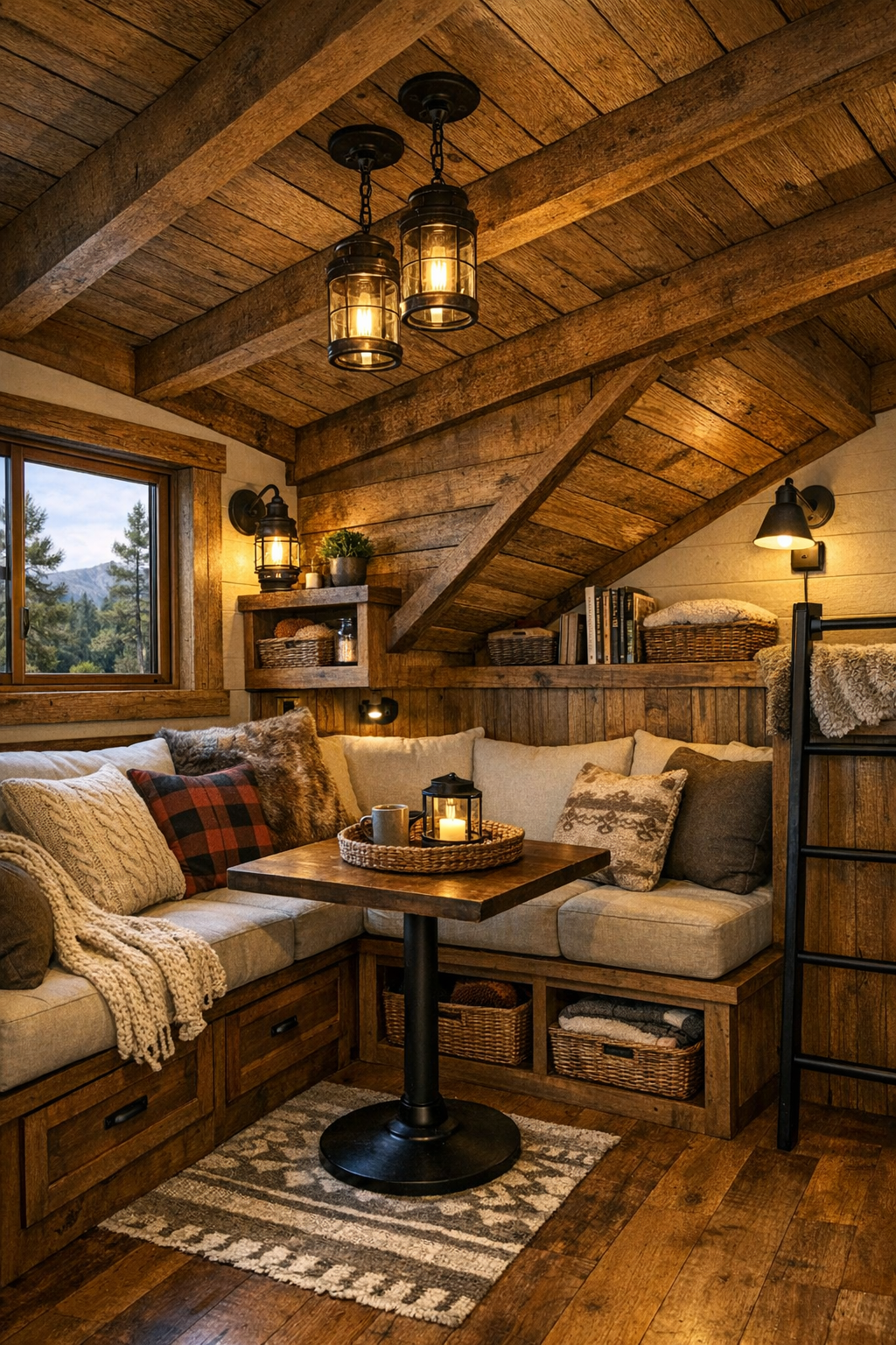 Built-in nook and multifunctional small-space details in a mountain lodge style RV