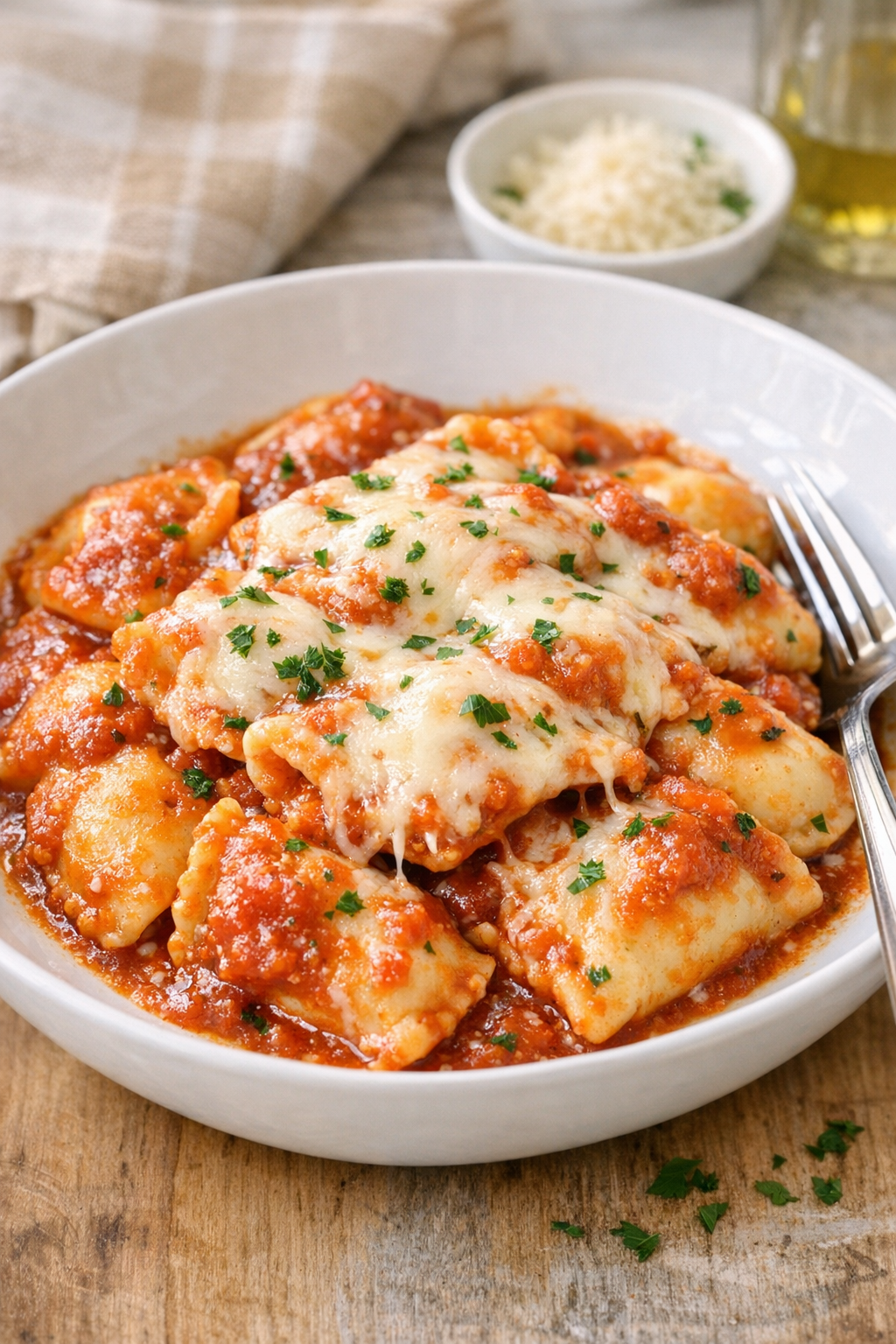 Finished slow cooker cheese agnolotti in tomato sauce