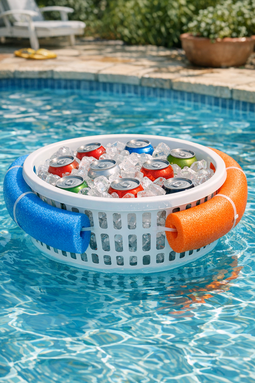 Finished floating backyard cooler made from a laundry basket and colorful pool noodles