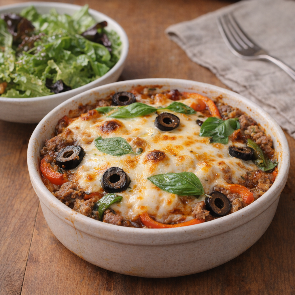 Finished crustless pizza bowl served with salad