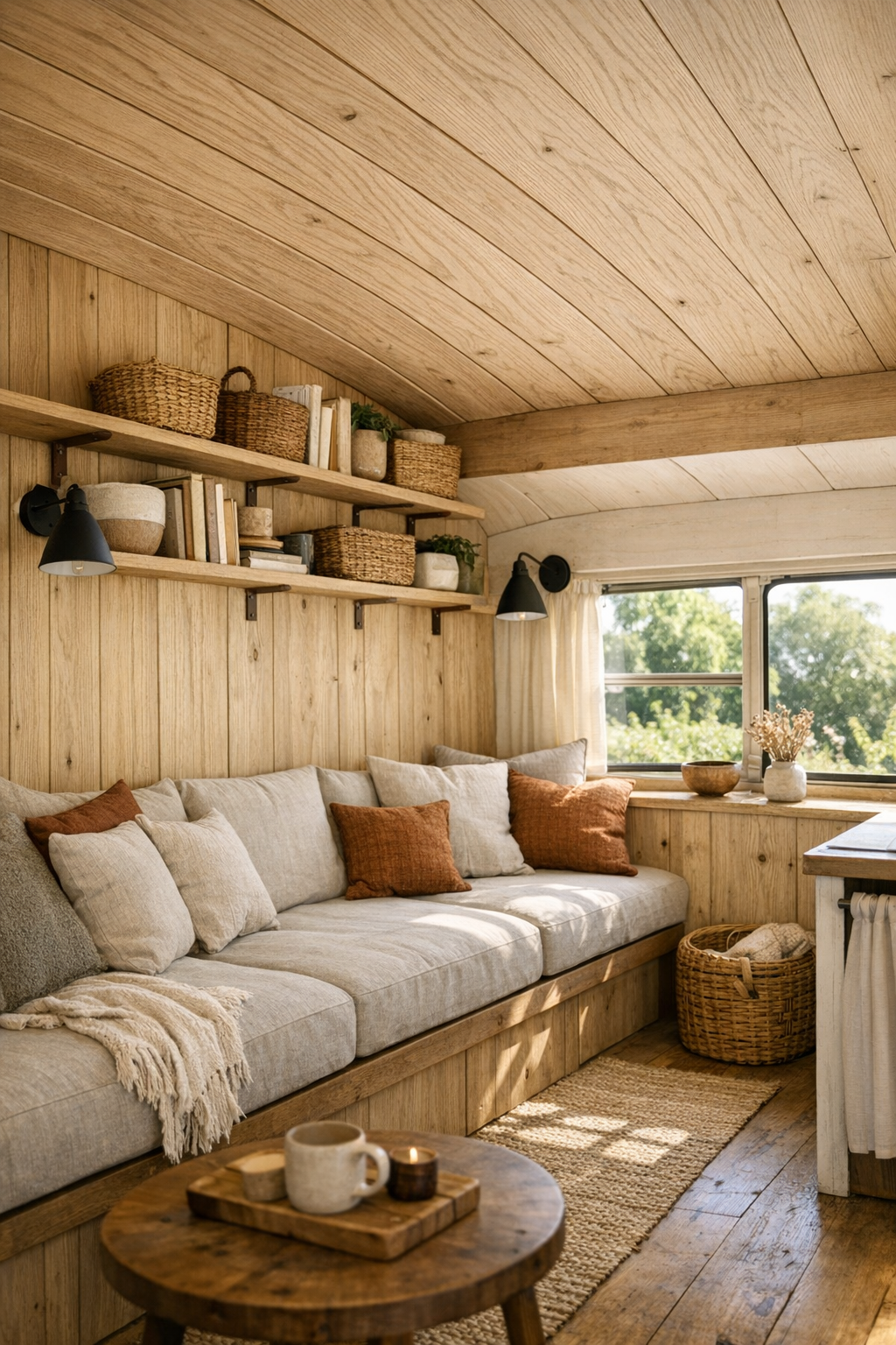 Rustic bus living room with built-in bench seating and warm wood paneling