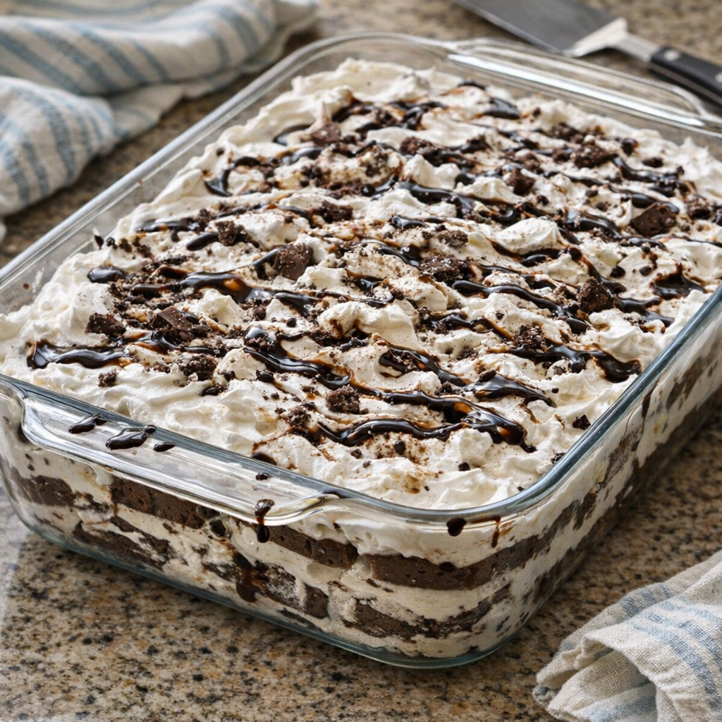 Ice cream sandwich cake in a glass dish on a kitchen counter