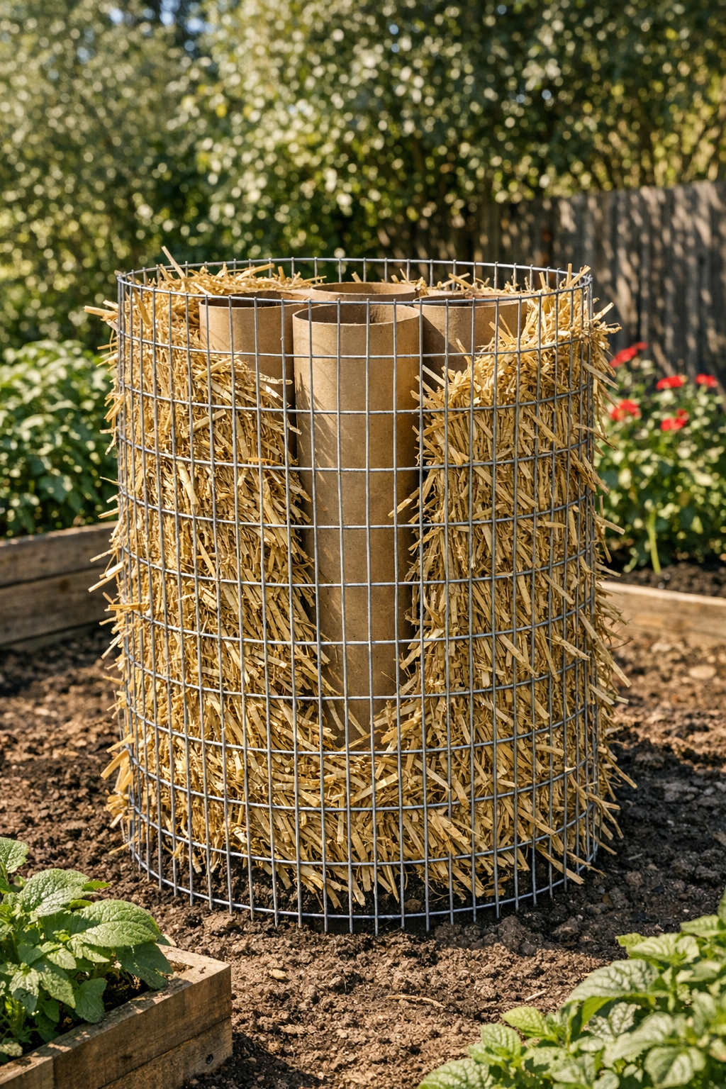 Finished vertical potato growing tower made from cardboard tubes, mesh, and straw