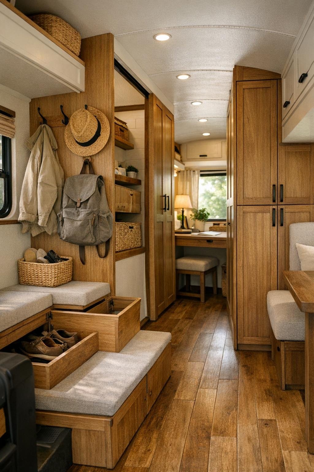 Functional corridor and multipurpose storage area inside a converted bus