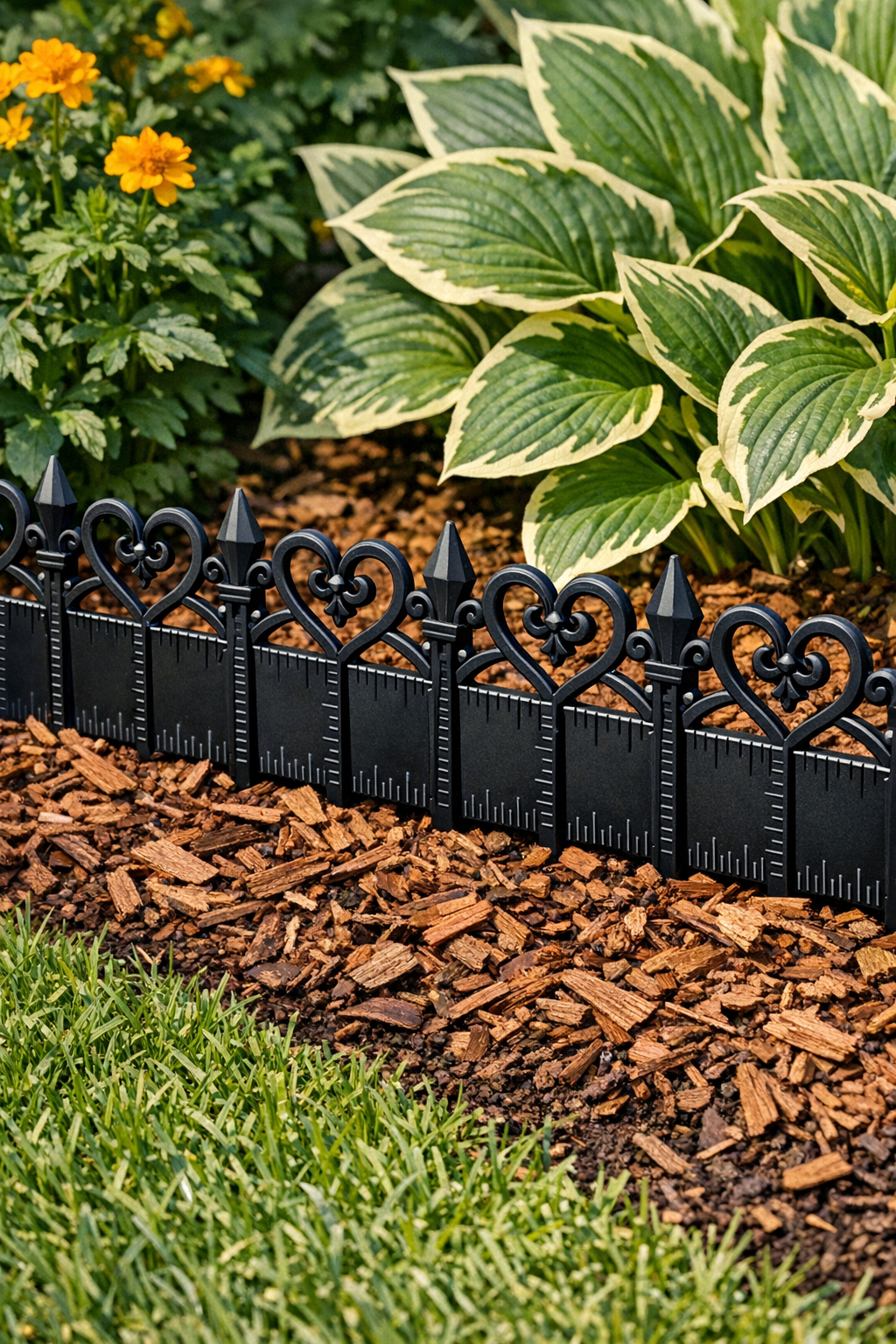 Finished faux wrought iron garden trim made from black school rulers