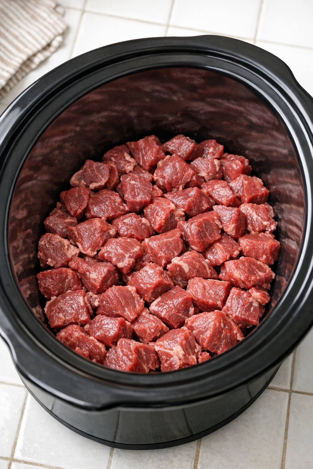 Raw beef stew meat layered in the slow cooker