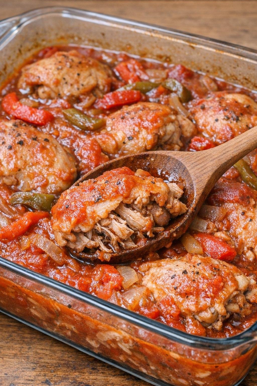 Rustic chicken cacciatore casserole in a glass baking dish