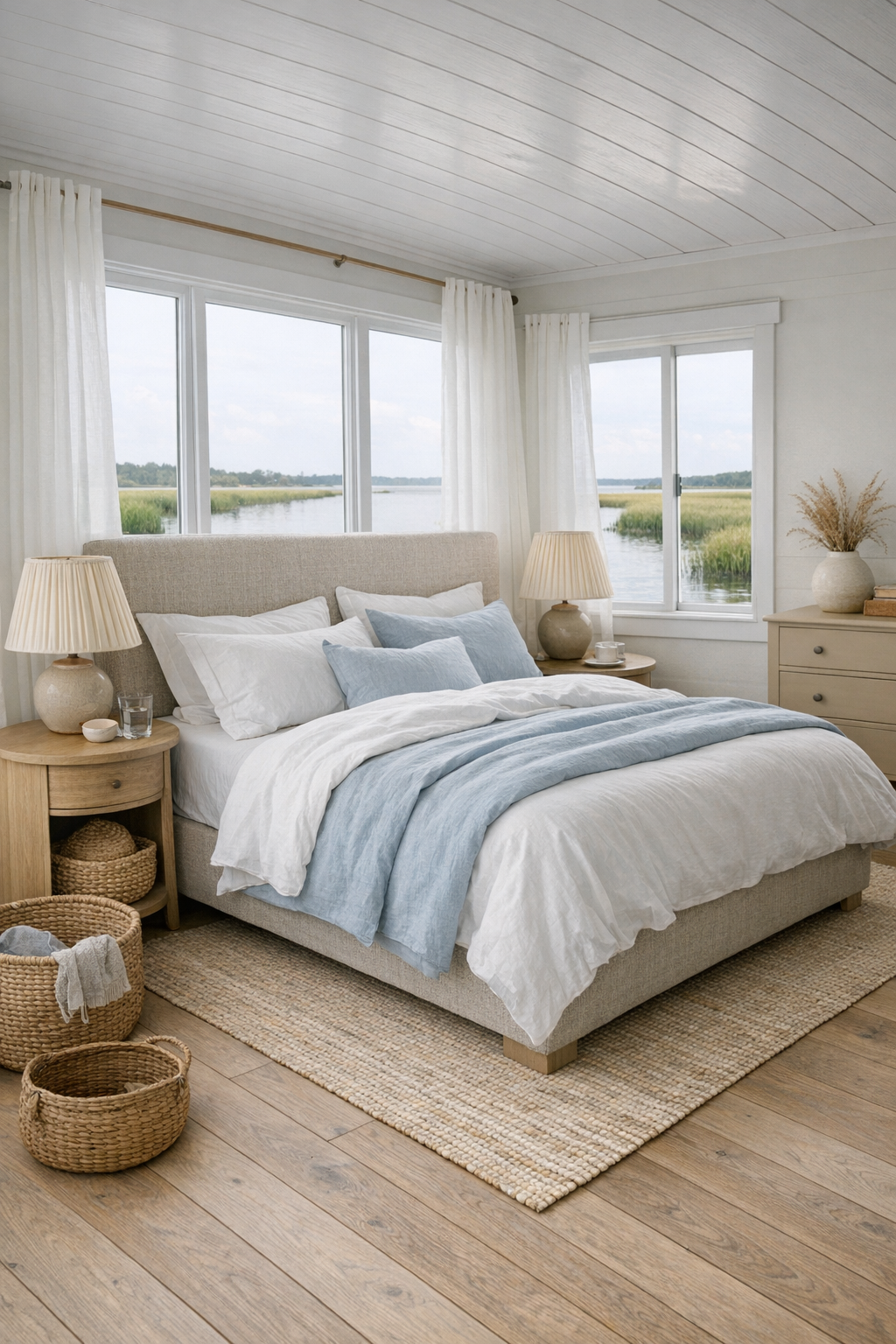 Serene coastal bedroom with layered white and blue bedding, a linen headboard, and marsh-view windows