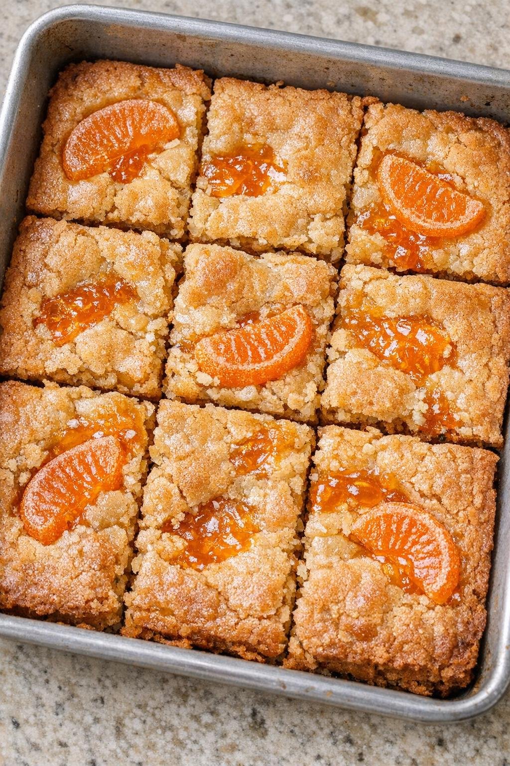 Finished orange slice blondie bars in a metal sheet pan