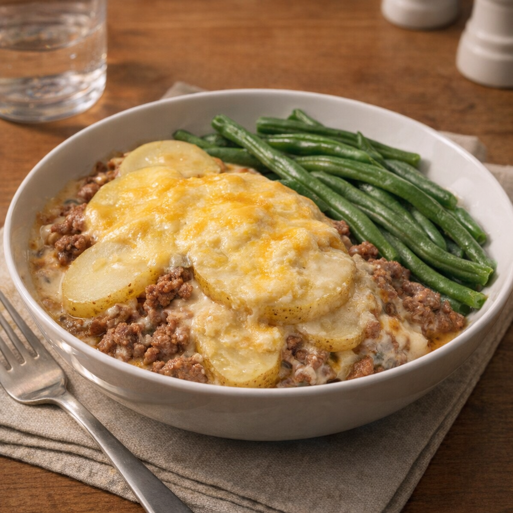 Bowl of hobo casserole served with green beans on the side