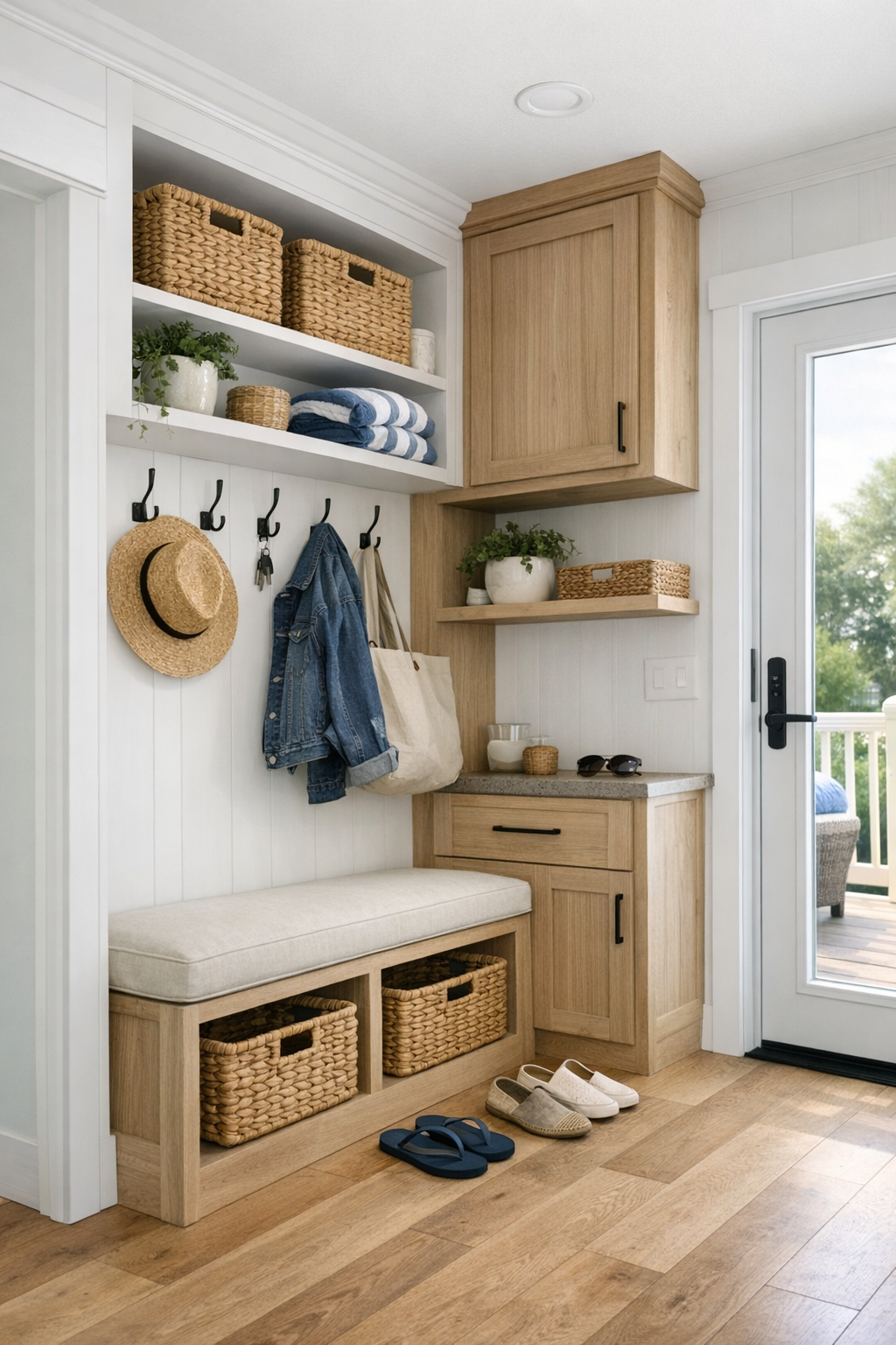 Thoughtful small-space storage and hallway details in a bright coastal park model RV