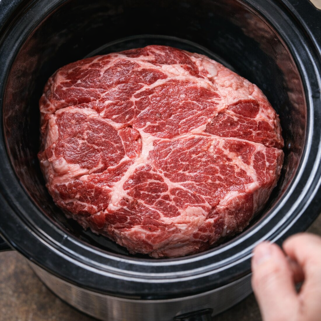 Raw chuck roast settled into a slow cooker