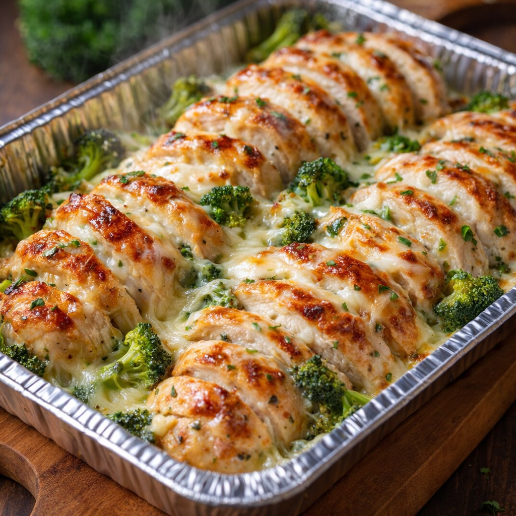 Goudbruin gebakken broccoli met kip, geserveerd op een houten plank.