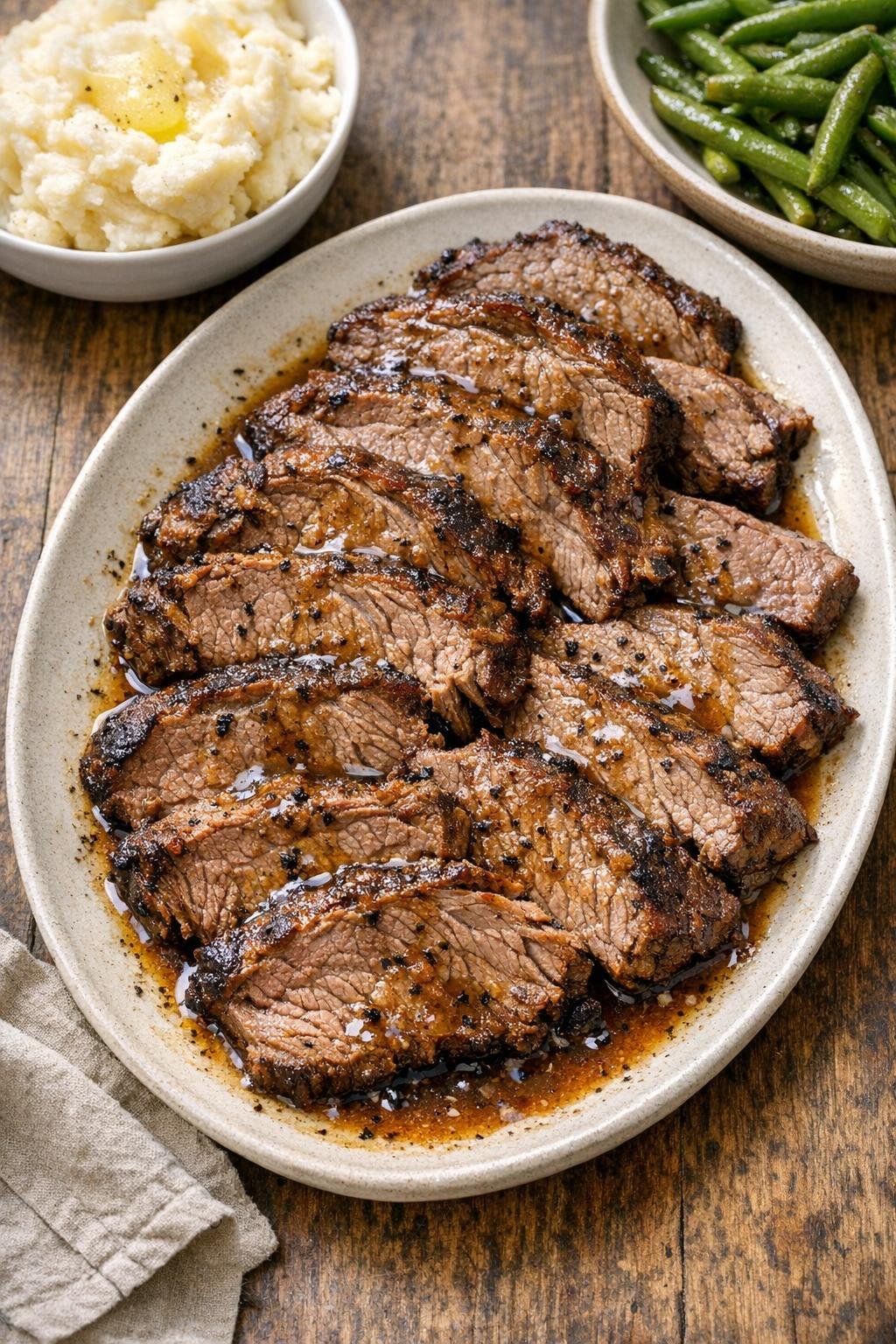 Finished sliced beef ribeye roast on a platter with savory juices
