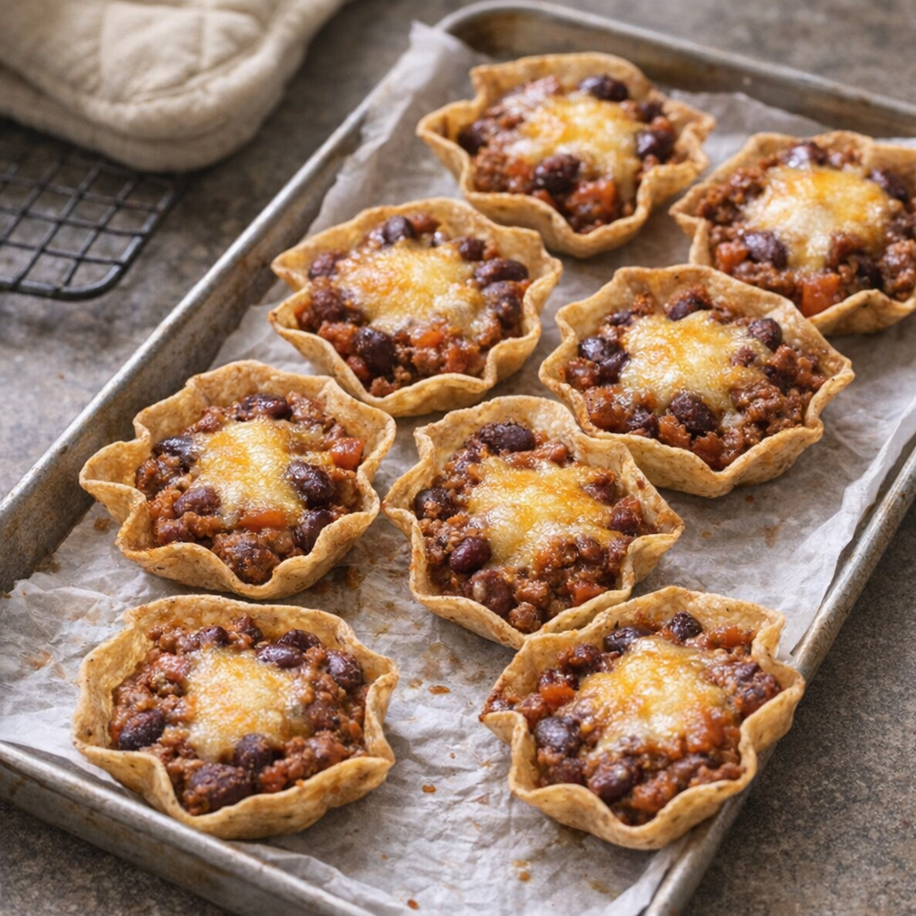 Leftover chili scoops being reheated on a small sheet pan