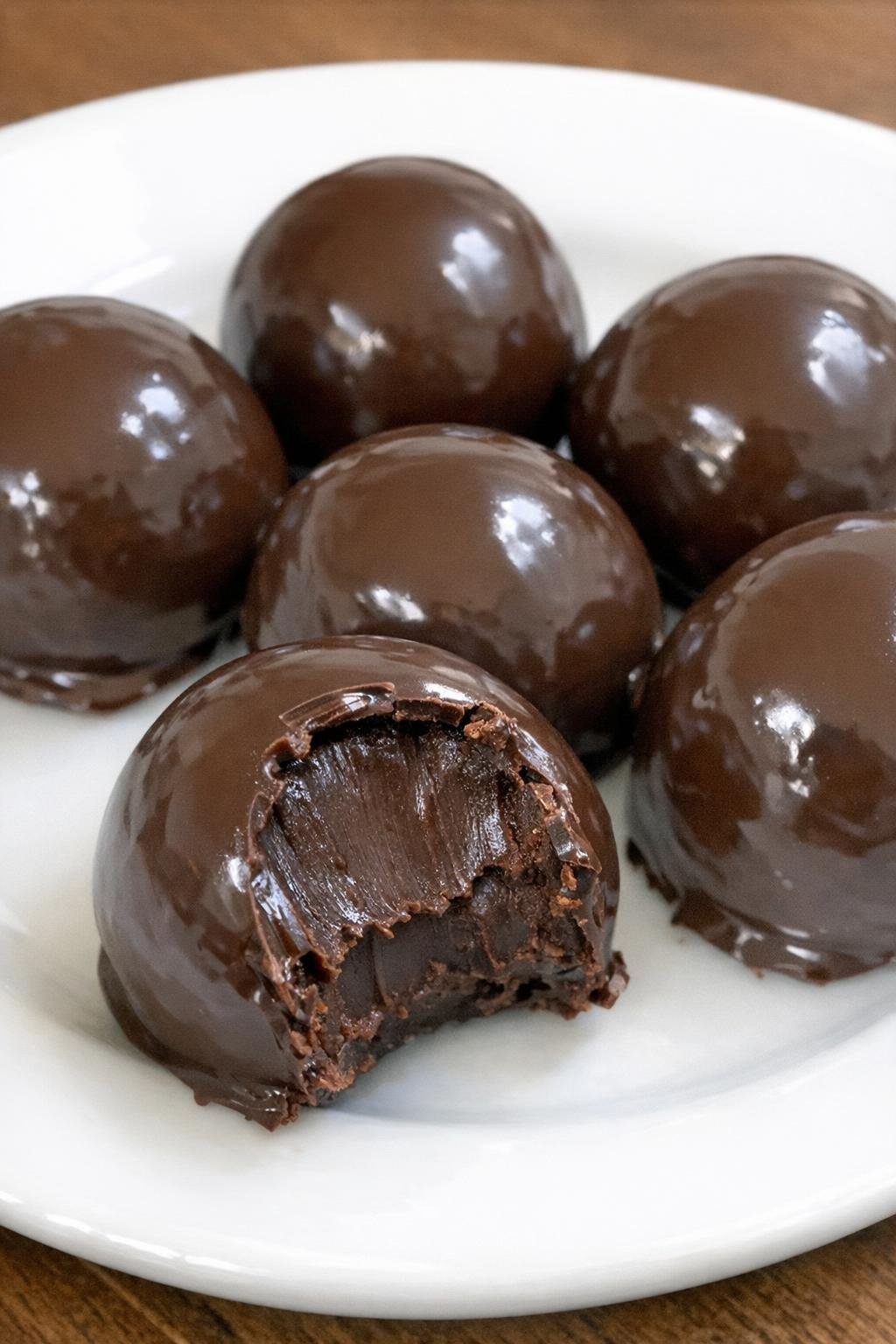 Dark chocolate truffles on a white plate