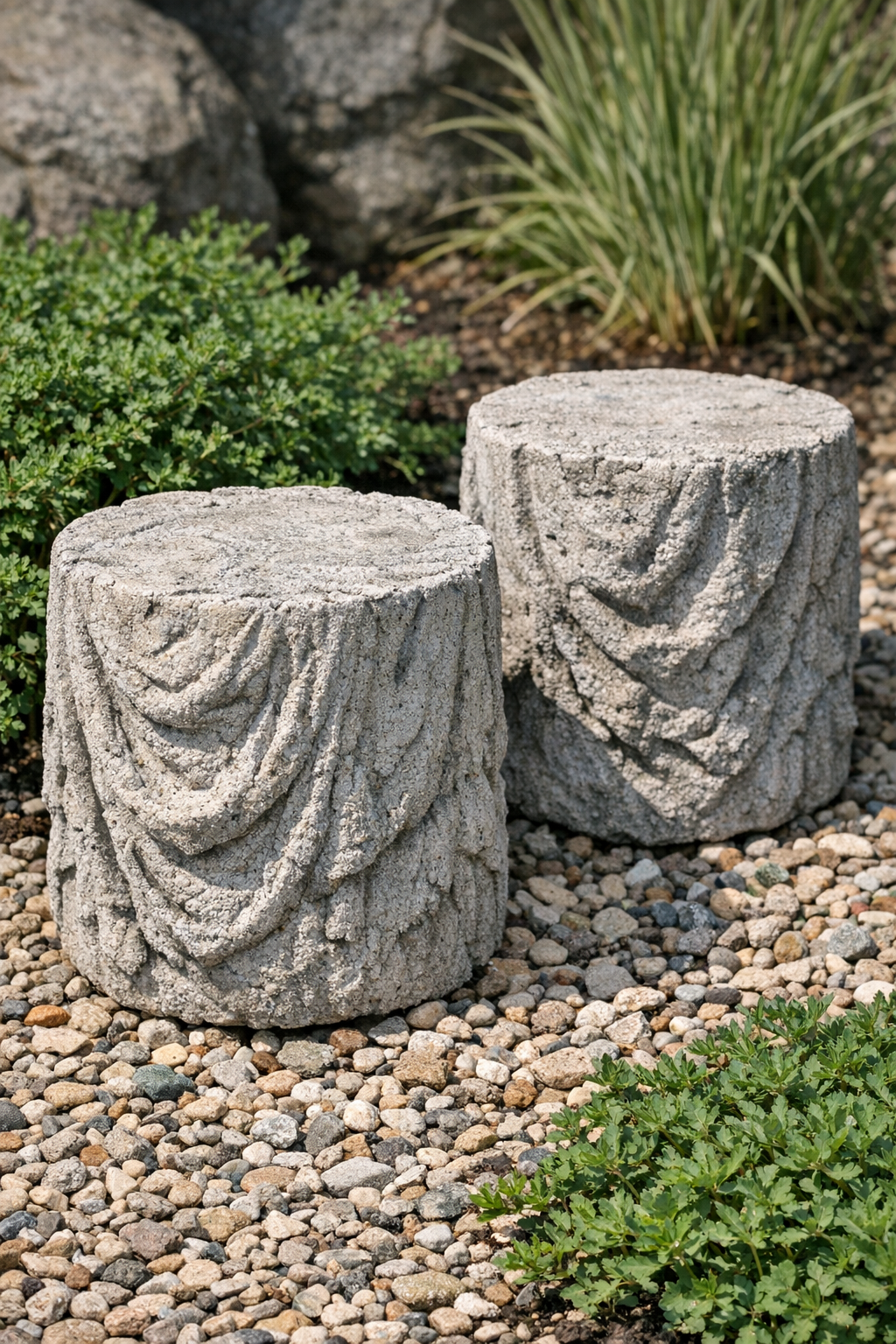 Finished textured cement yard blocks displayed outdoors