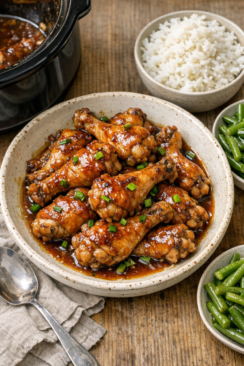 Finished slow cooker chicken drumettes plated with sauce
