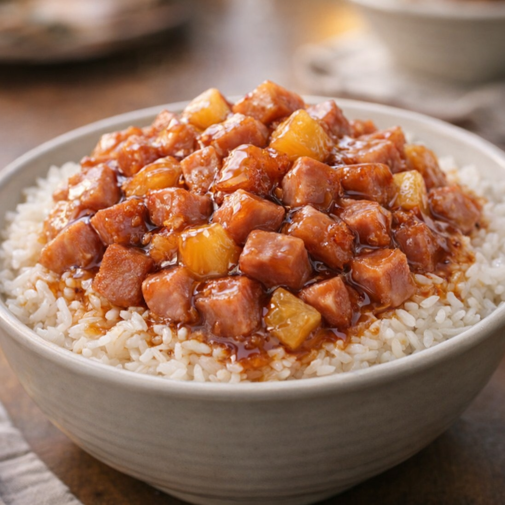 Bowl of potluck ham served over rice