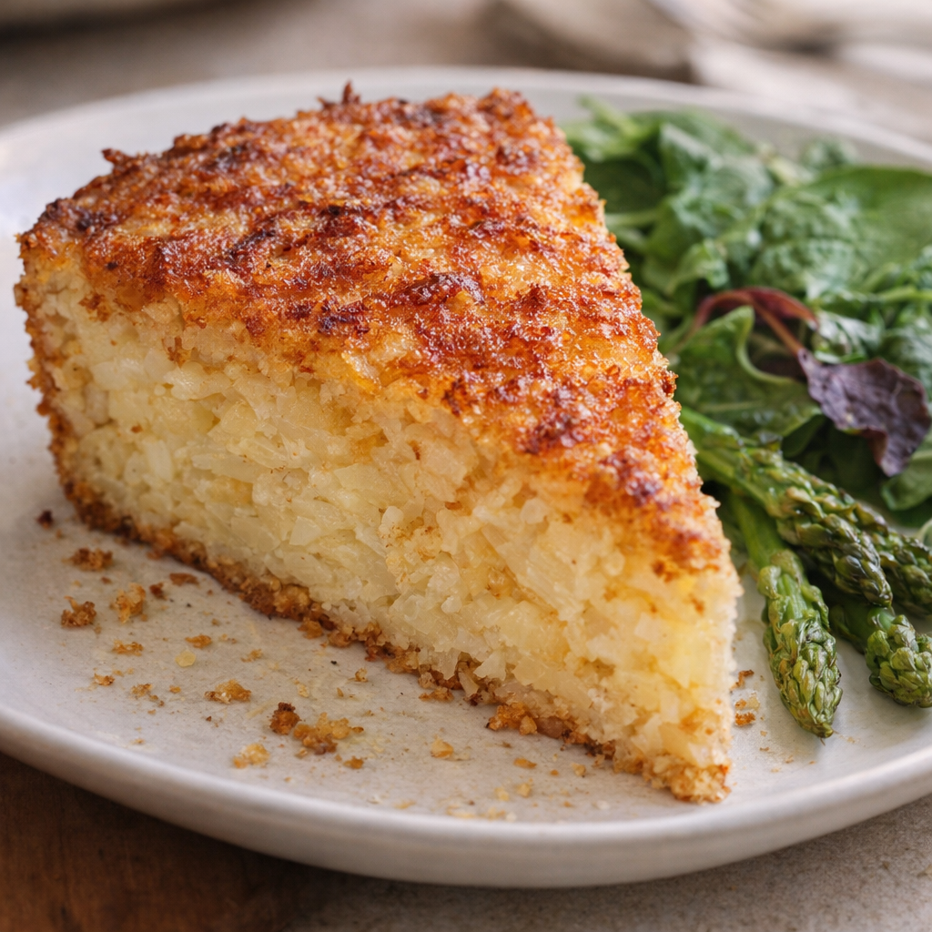 Slice of hash brown pie served on a plate