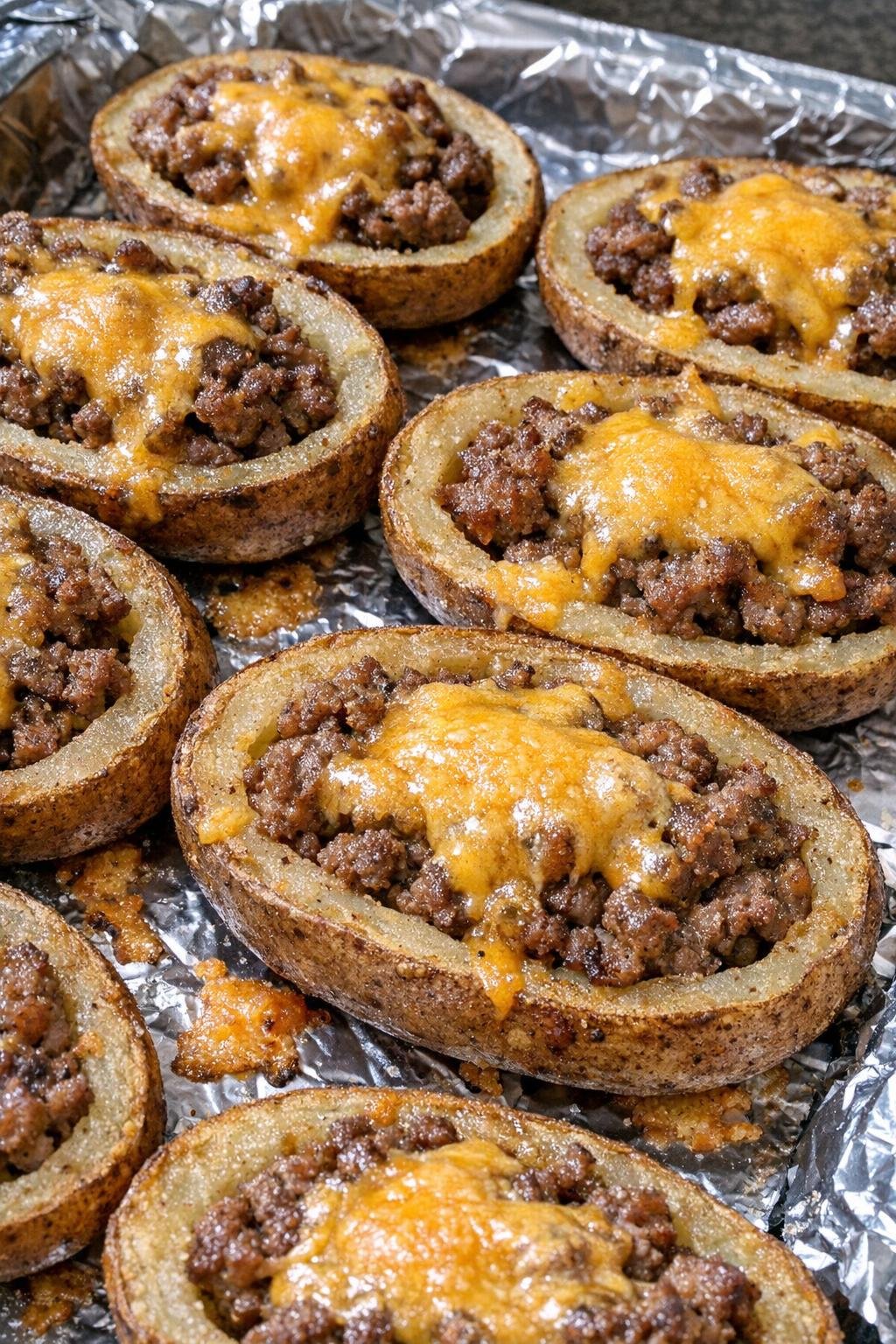 Oven baked beef potato skins with melted cheddar