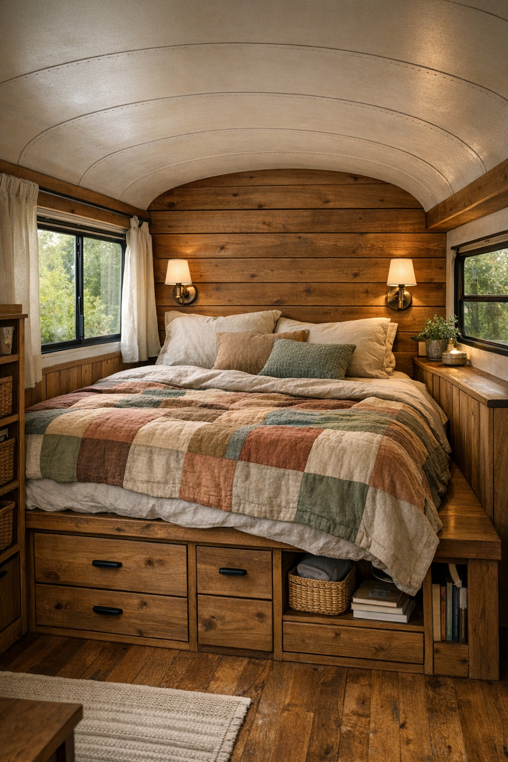 Quiet bus bedroom with built-in bed, linen bedding, and warm wood walls