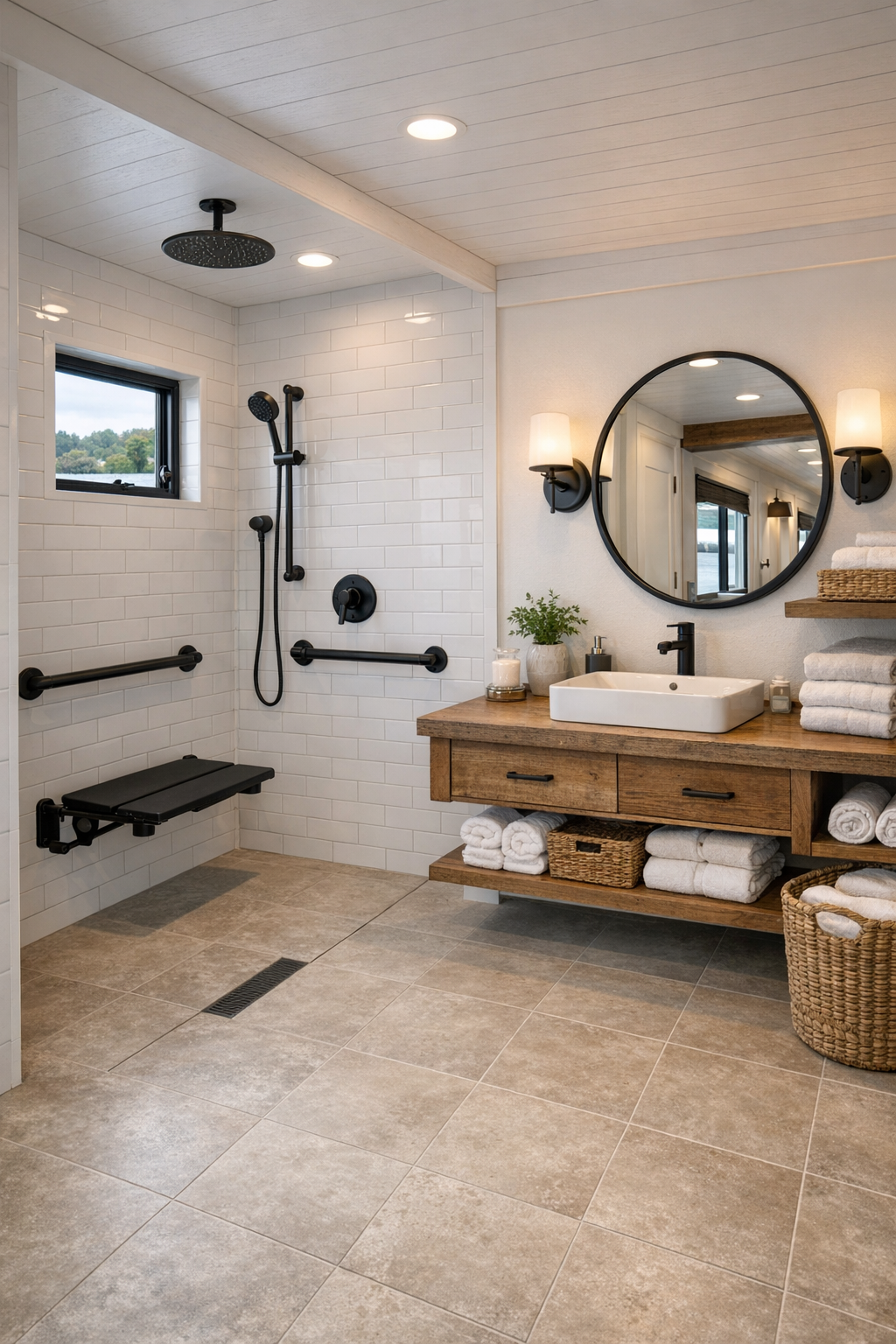 Accessible farmhouse bathroom with curbless shower and soft stone tile