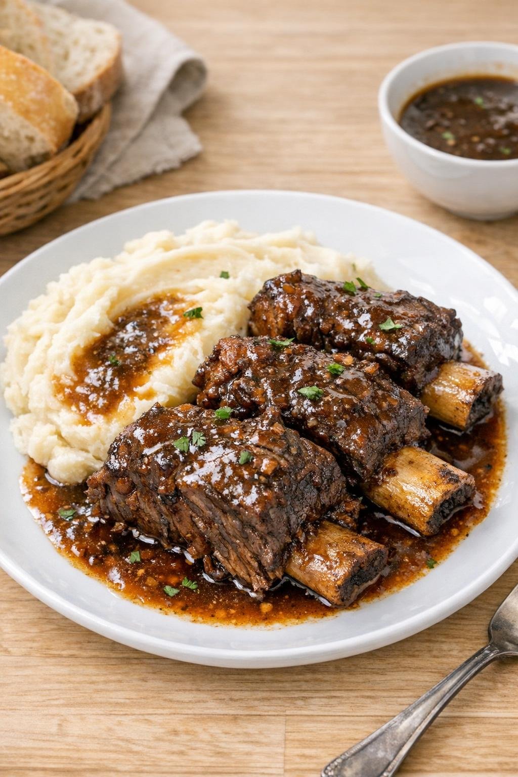 Finished plated beef short ribs with rich sauce