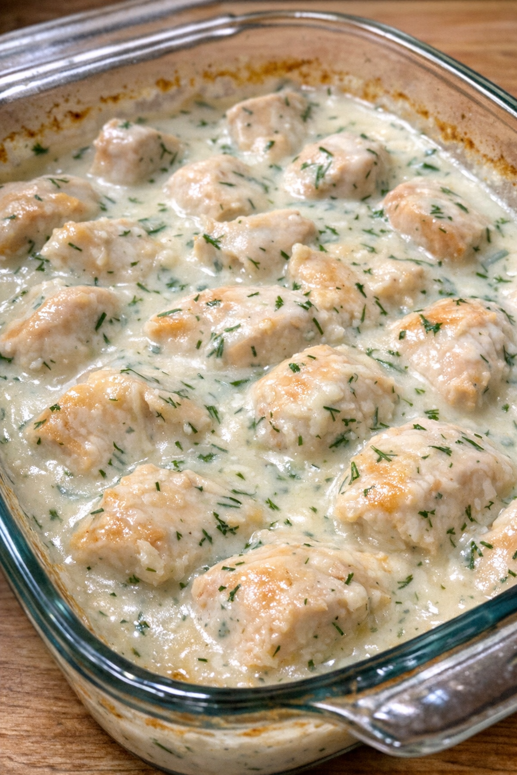 Creamy dill chicken pot in a glass casserole dish