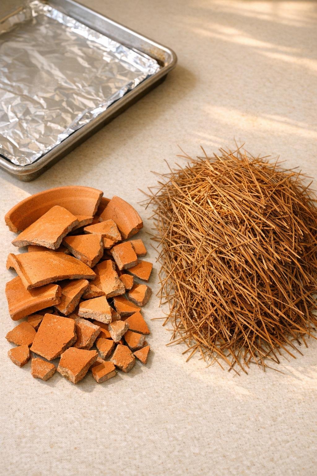 Broken terracotta shards and pine straw laid out as materials