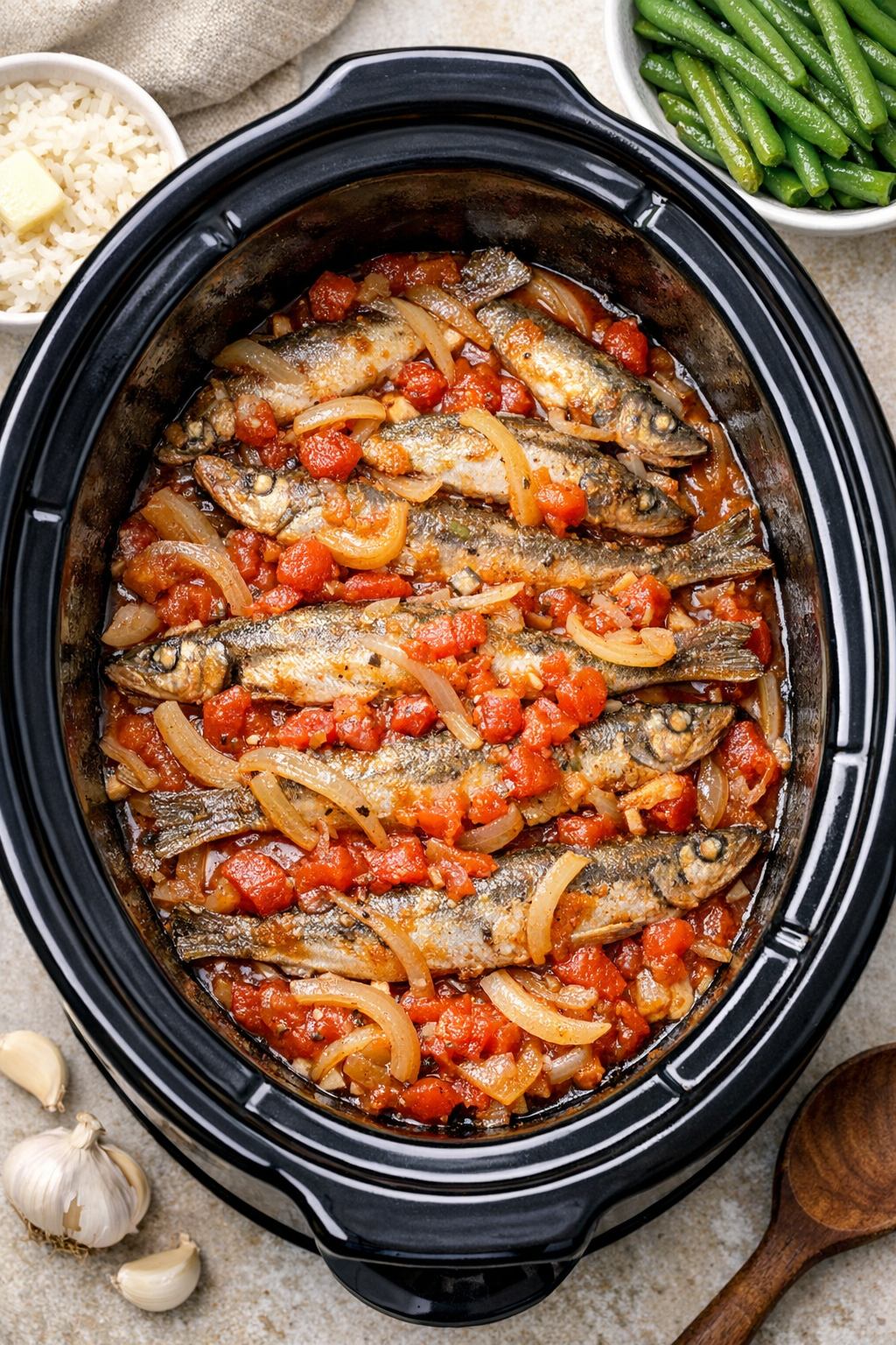 Finished slow cooker smelt plated for serving
