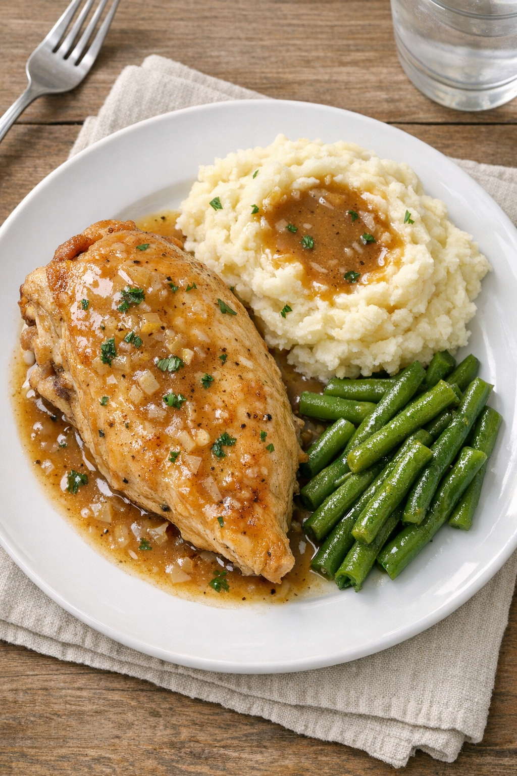 Finished slow cooker chicken plated with sauce