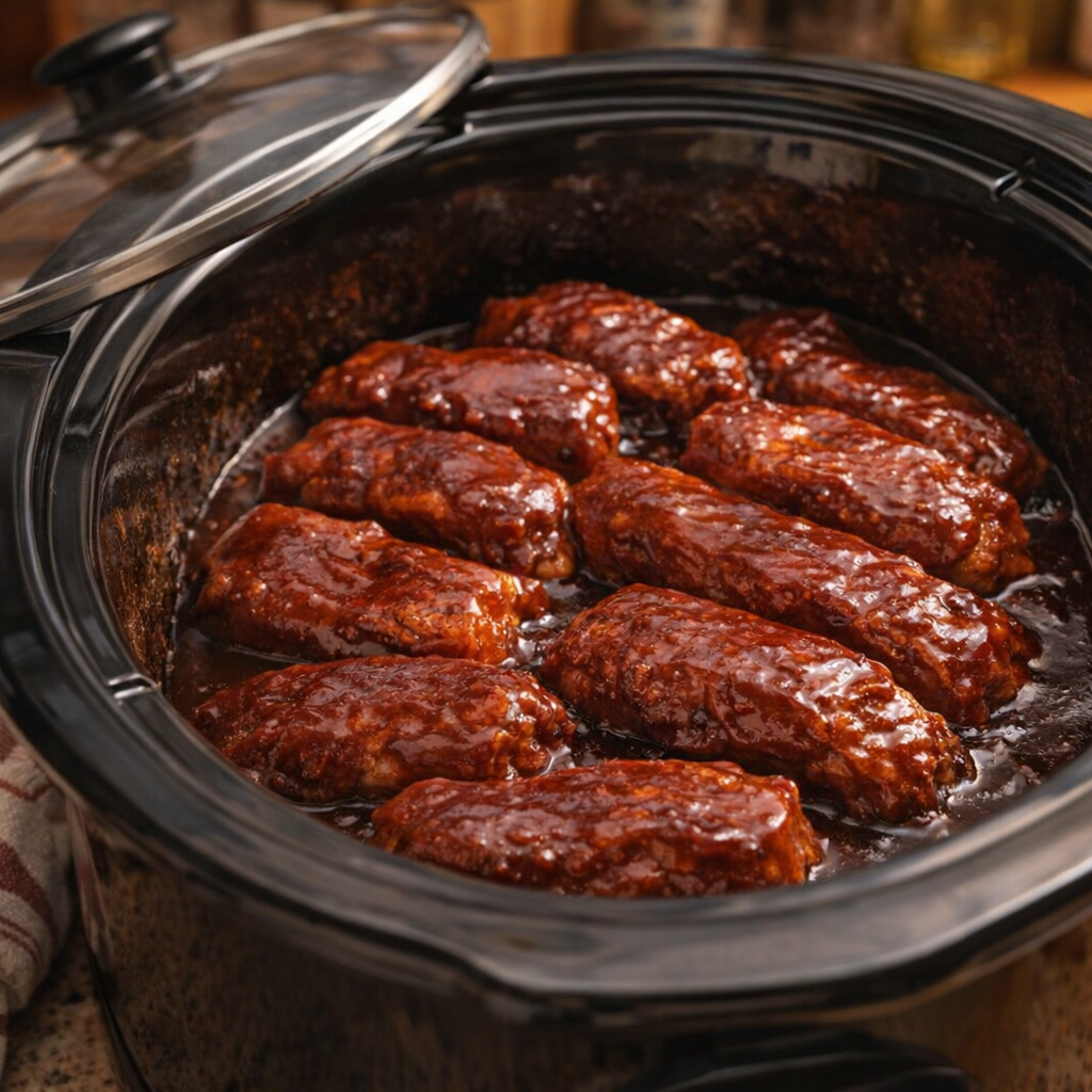 Sauced pork ribs in a crockpot just before slow cooking