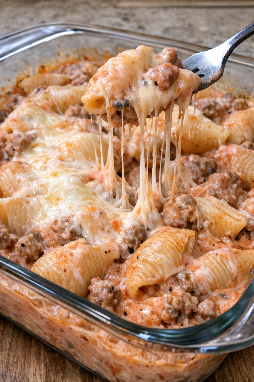 Creamy Italian sausage shells fresh from the oven