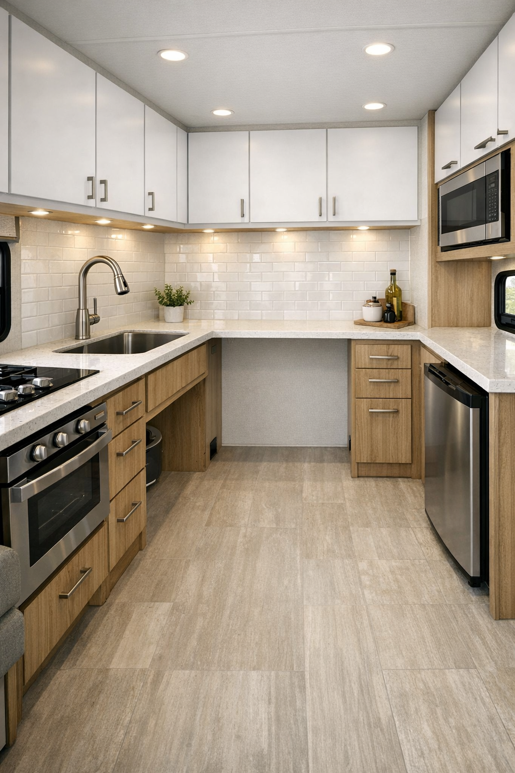 Accessible RV kitchen with light oak cabinetry and quartz-look counters