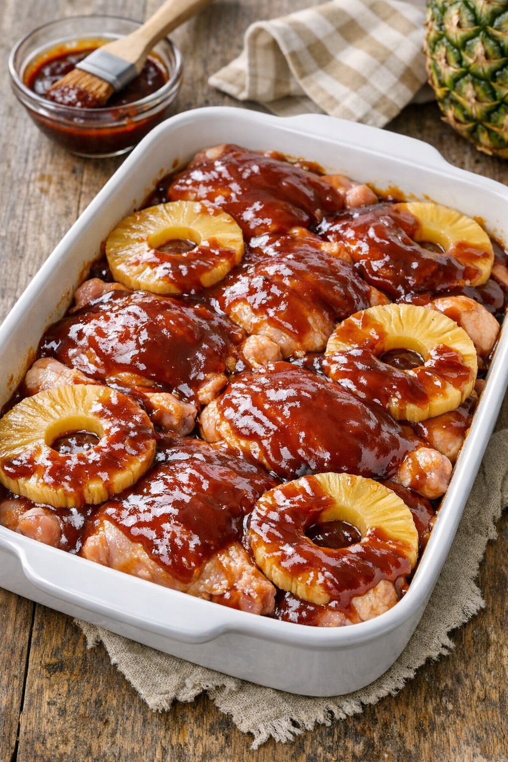 Barbecue sauce spread over chicken and pineapple before baking