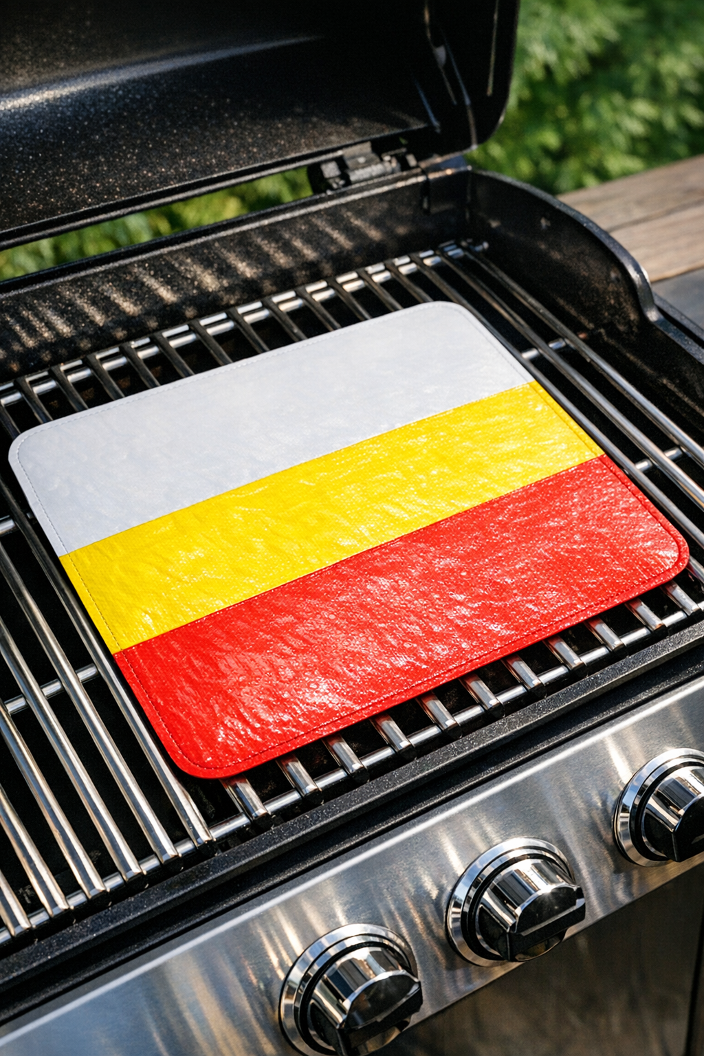 Finished heavy-duty grill mat made from fused cereal bags