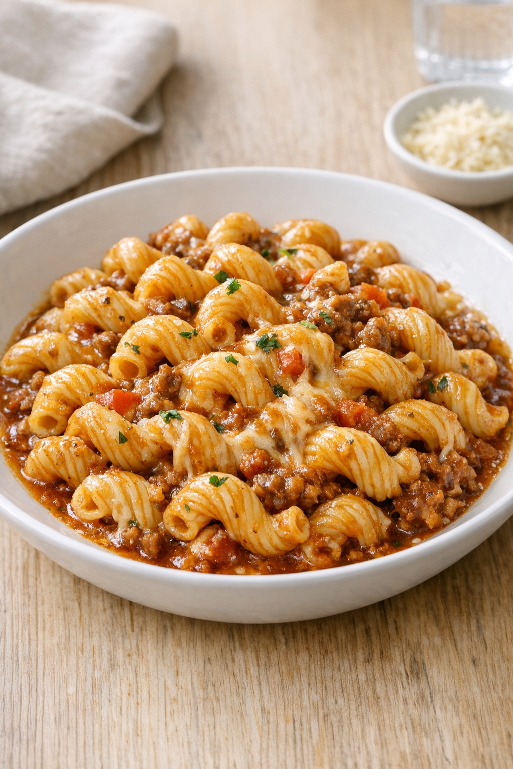 Finished slow cooker cavatappi pasta in a bowl