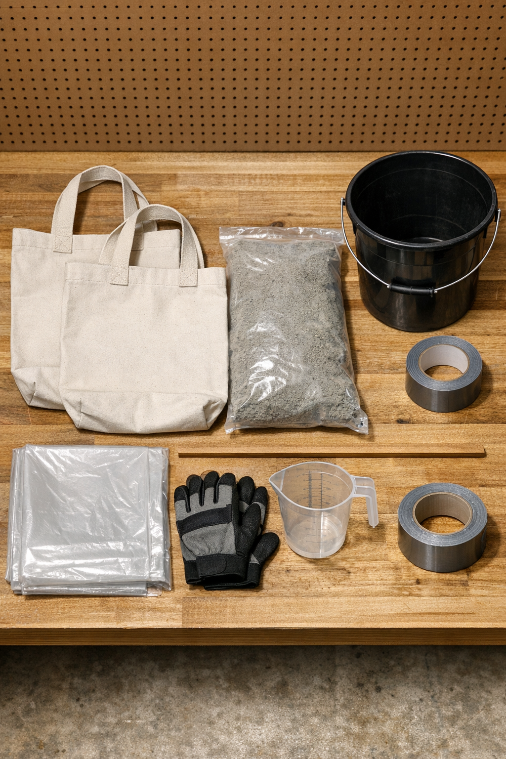 Canvas tote bags, cement mix, and basic supplies laid out on a work surface