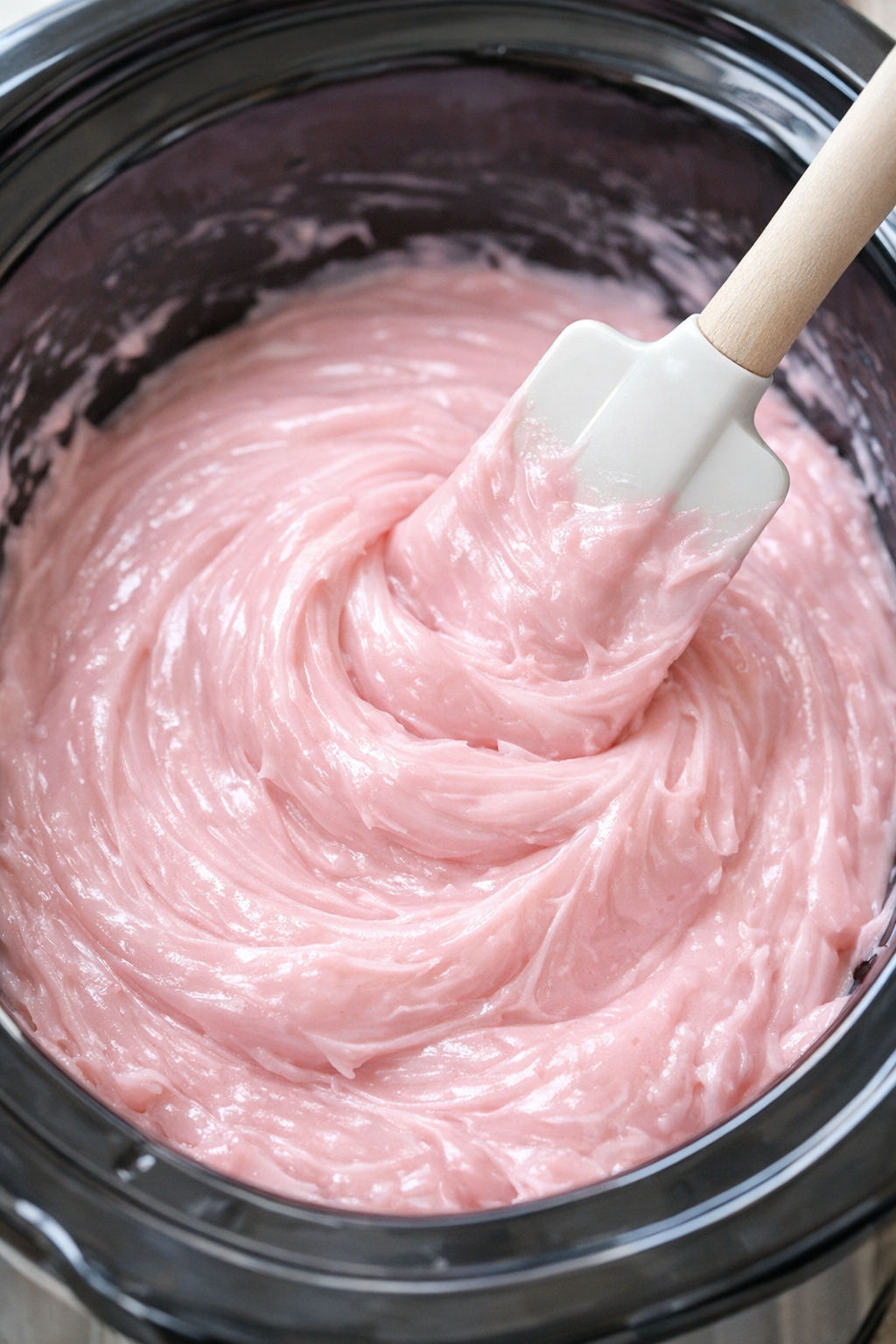 Smooth pastel pink fudge mixture in the slow cooker