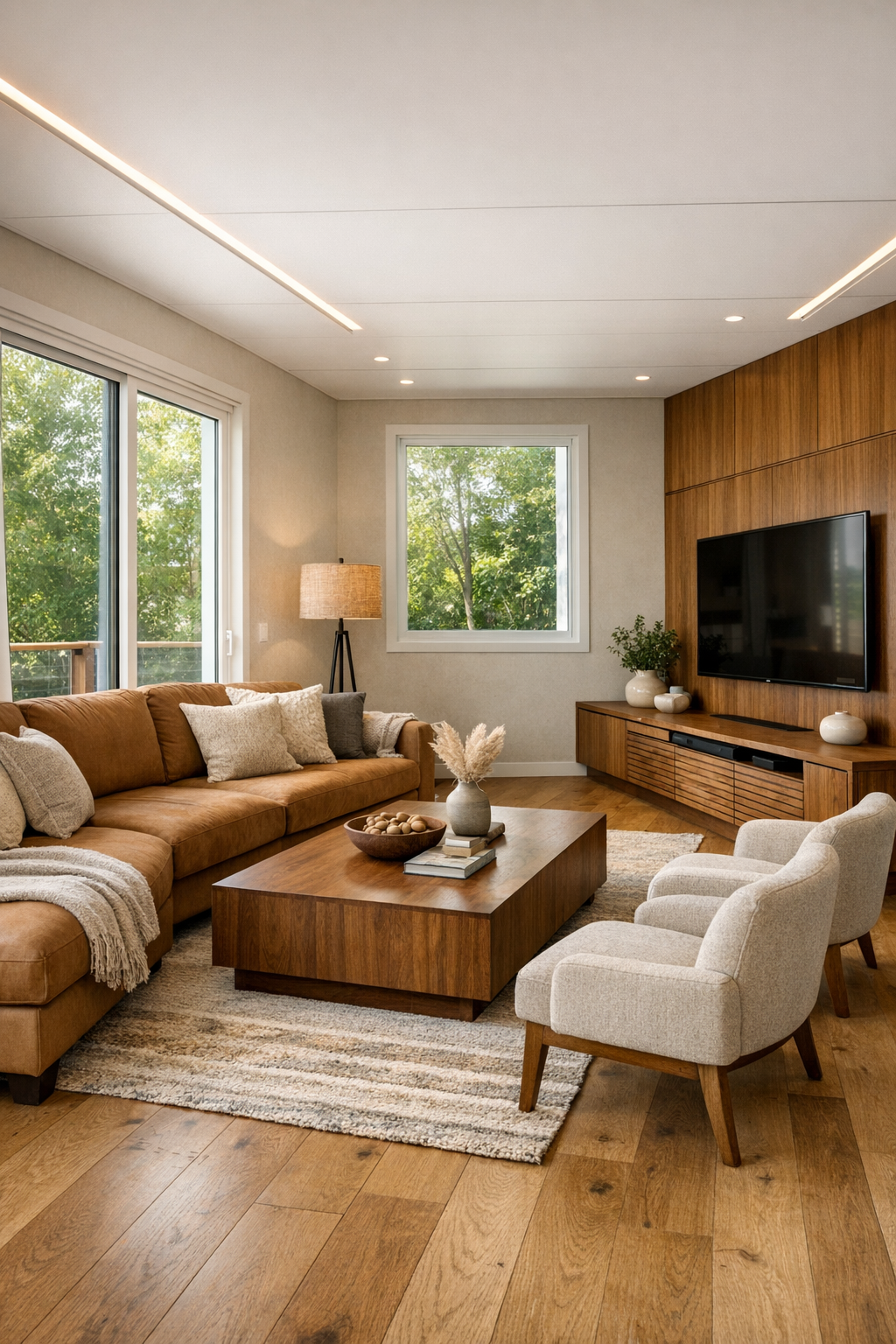 Warm modern accessible living room with oak floors and caramel seating