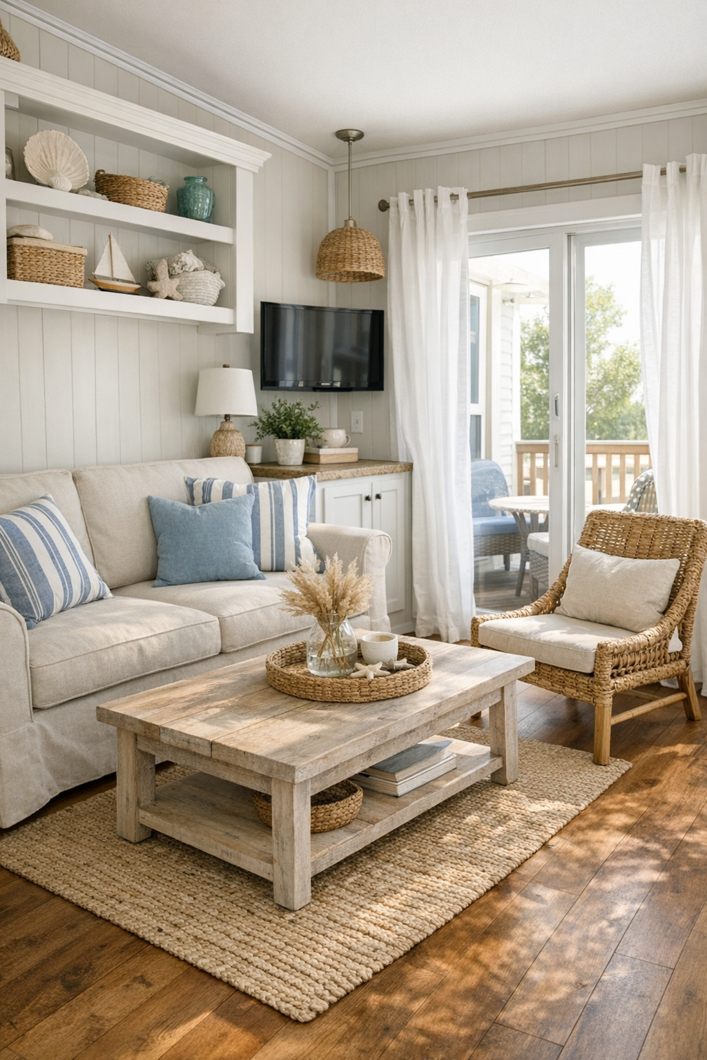 Bright coastal living room with slipcovered sofa and woven accents