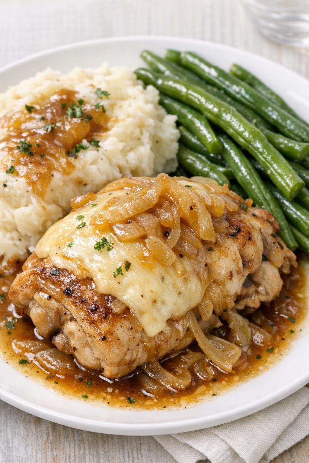 Plated French onion chicken with sides